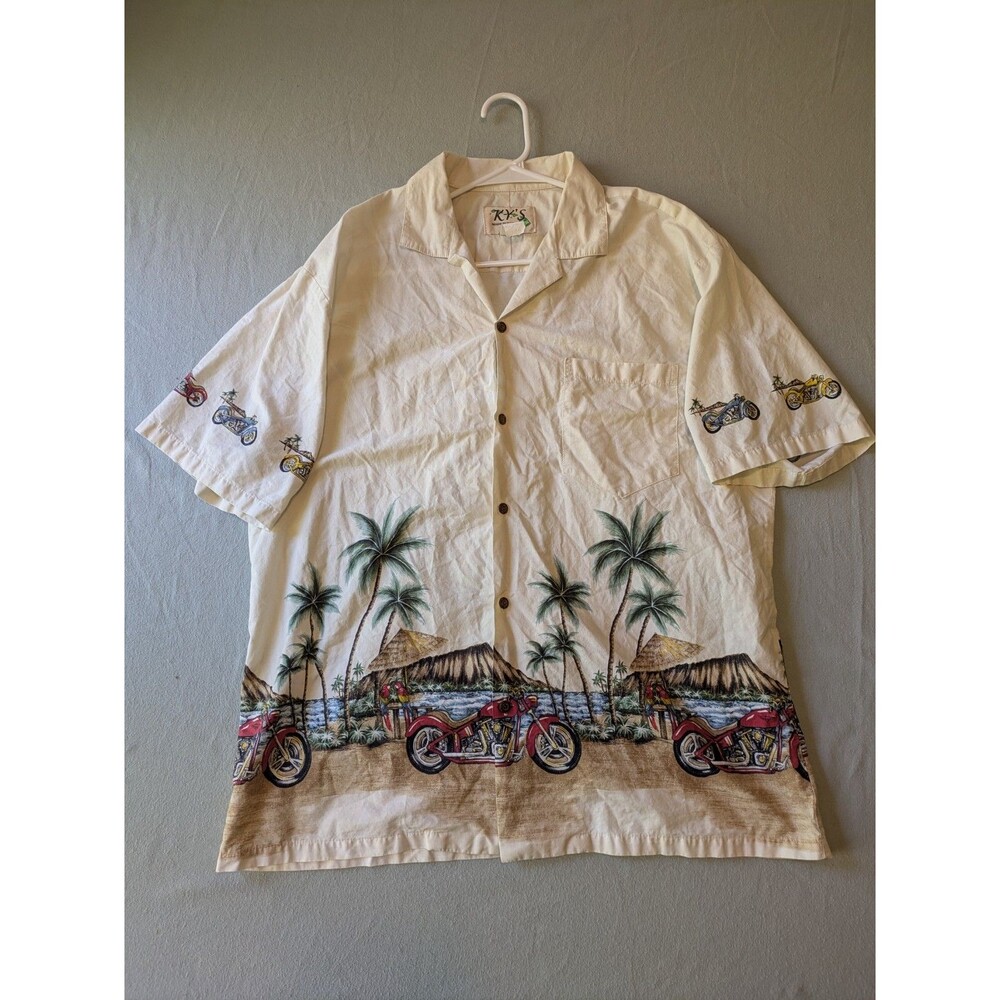 Vintage KYS Hawaiian Shirt Mens 2XL Cream Motorcycle Biker Beach Palm Trees USA